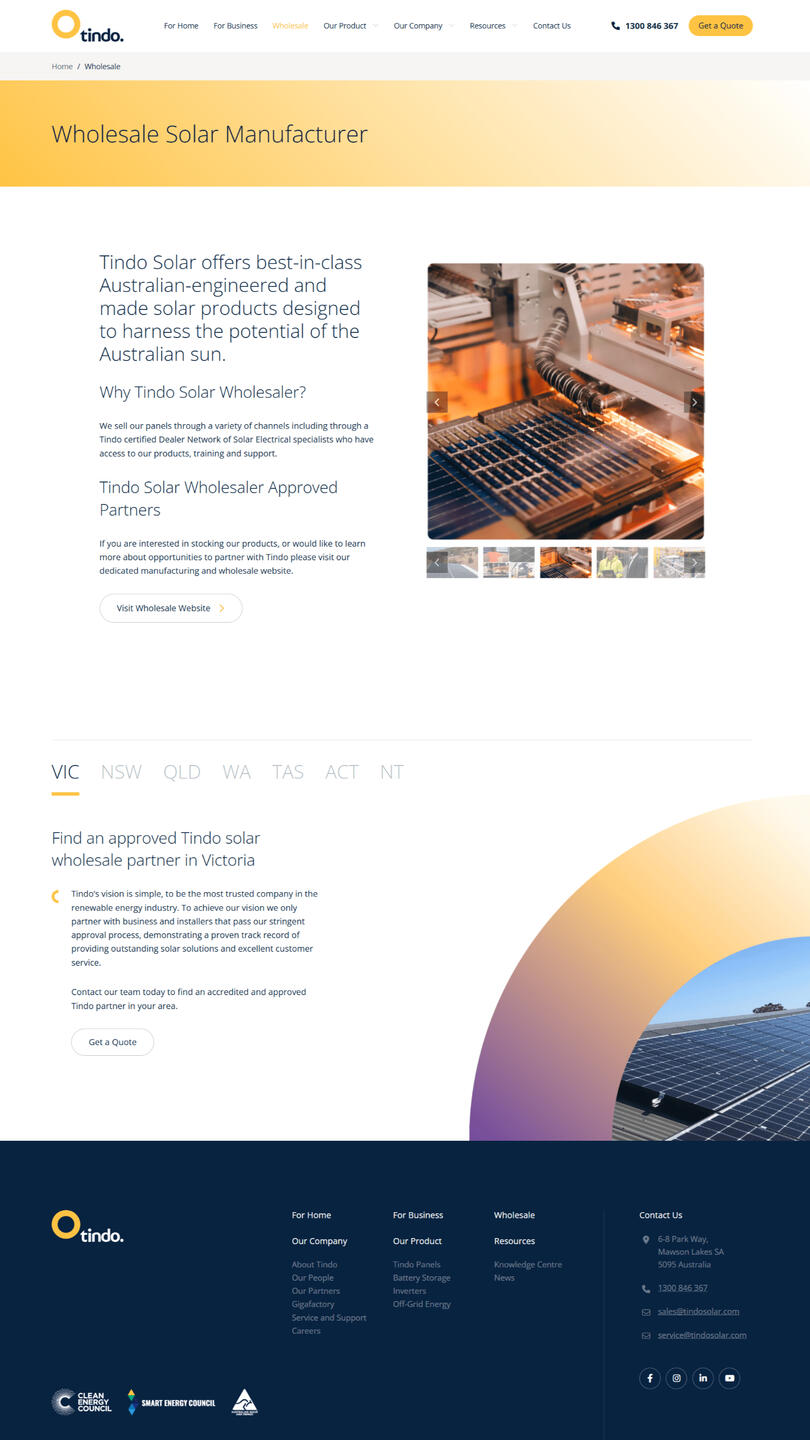 Tindo Solar Wholesaler – Australian-Made Solar Panels & Renewable Energy Solutions Tindo Solar Wholesaler's full site page displaying premium Australian-made solar panels, product details, and sustainable energy solutions.